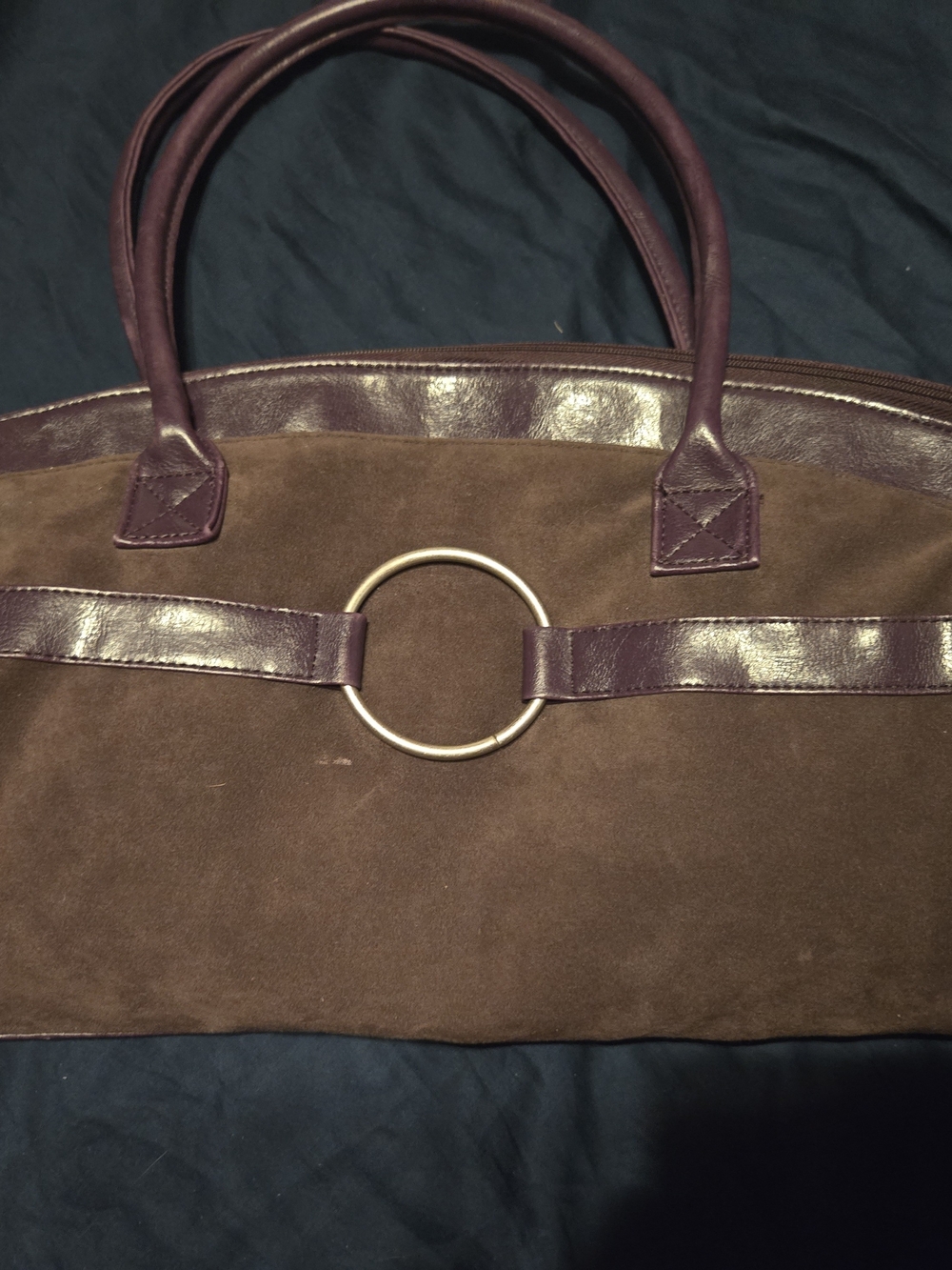 Suede and Leather Tote Bag in Brown and Plum